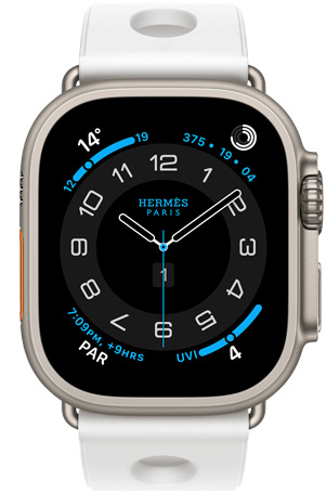 Apple Watch Hermès Ultra 3, titanium case, natural colour, Hermès Circulaire watch face, complications: weather, activity rings, Paris time, UV index, Scub’H Diving band, blanc colour