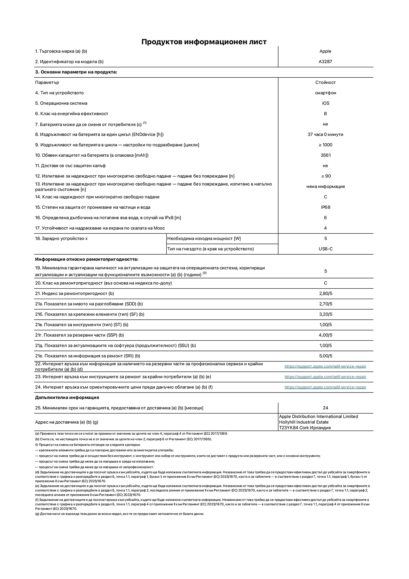 Продуктов информационен лист за iPhone 16, модел A3287. Доставено от Apple Distribution International Limited, Hollyhill Industrial Estate. Cork, Ирландия T23 YK84. Тип устройство: смартфон. Операционна система: iOS. Клас на енергийна ефективност: B. Батерията може да се сменя от потребителя: не. Издръжливост на батерията за един цикъл: 37 часа. Издръжливост на батерията в цикли - настройки по подразбиране: ≥ 1000. Обявен капацитет на батерията: 3561mAh. Доставя се със защитен калъф: не. Изпитване за надеждност при многократно свободно падане - падане без повреждане: ≥ 90. Изпитване за надеждност при многократно свободно падане - падане без повреждане, тествано в напълно разгънато състояние: не е приложимо. Клас на надеждност при многократно свободно падане: C. Степен на защита от проникване на частици и вода: IP68. Определена дълбочина на потапяне във вода, в случай на iPx8: 6. Устойчивост на надраскване на екрана по скалата на твърдост на Моос: 4. Необходима изходна мощност на зарядното устройство: 5W. Тип на гнездото за зарядно устройство (в края на устройството): USB-C. Минимална гарантирана наличност на актуализации за сигурност на операционната система, коригиращи актуализации и актуализации на функционалността: 5 години. Клас на ремонтопригодност: C. Индекс на ремонтопригодност: 2,80/5. Показател за нивото на разглобяване (SDD): 2,70/5. Показател за крепежни елементи: 3,20/5. Показател за инструменти: 1,00/5. Показател за резервни части: 4,00/5. Показател за актуализации на софтуера: 1,00/5. Показател за информация за ремонт: 5,00/5. Уебвръзка към информация за наличността на резервни части за професионални сервизи и крайни потребители: https://support.apple.com/self-service-repair. Уебвръзка към инструкции за ремонт за крайни потребители: https://support.apple.com/self-service-repair. Уеблинк към ориентировъчни цени преди данъци: https://support.apple.com/self-service-repair. Предлага се 24-месечна обща гаранция.