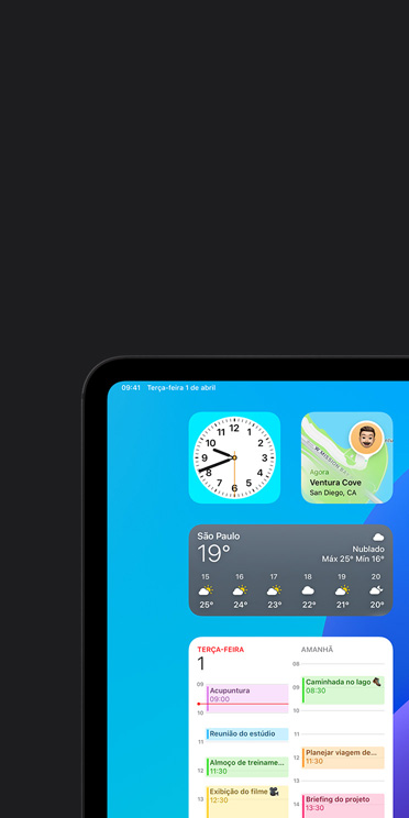 Recurso de VoiceOver na tela do iPad Pro mostrando o widget do app Tempo com saída de áudio “Tempo, S?o Paulo, 19 graus”.