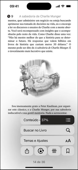 A tela do iPhone exibe a página de um livro no app Livros. As op??es de aumentar o texto, Buscar no Livro e Temas e Ajustes est?o sobrepostas na página