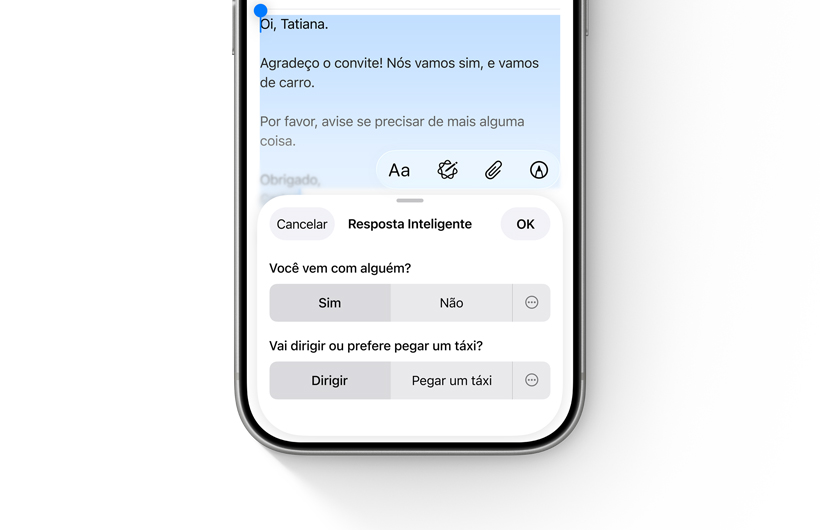 A tela do iPhone mostra op??es de Resposta Inteligente no app Mail.