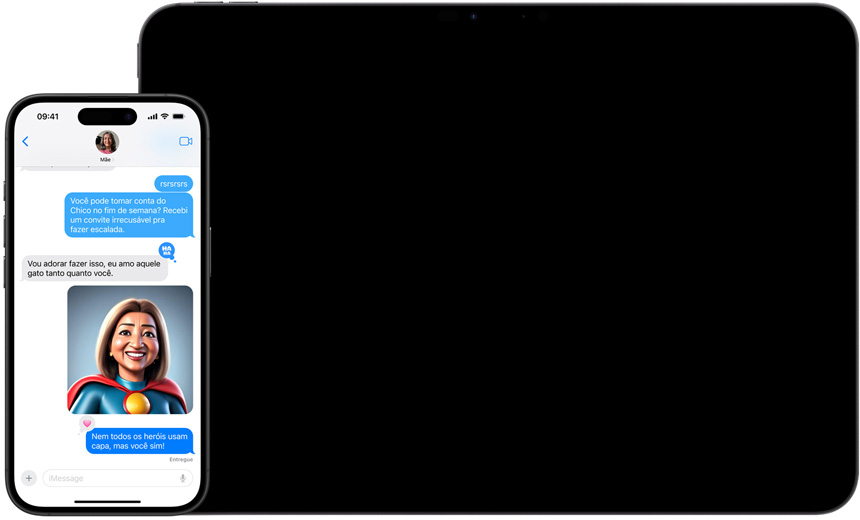 Imagens personalizadas s?o exibidas no app Mensagens, e o recurso Varinha Gráfica do Notas é exibido no iPad.