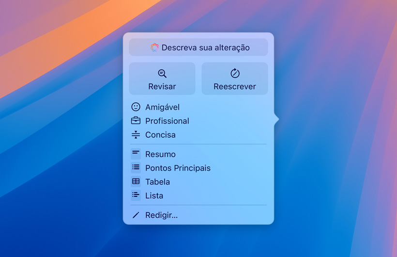 Interface de Ferramentas de Escrita com um campo de texto para inserir instru??es, bot?es para Revisar e Reescrever, diferentes tons de voz do texto e as op??es de resumo, pontos principais, tabela e lista.