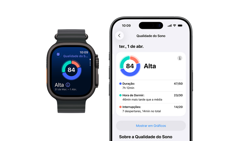 Apple Watch Series 11 com caixa cor de ouro rosa de alumínio, gráfico circular e pontua??o de qualidade do sono, Digital Crown na lateral direita, pulseira esportiva blush-clara e análise completa do sono aberta no iPhone emparelhado