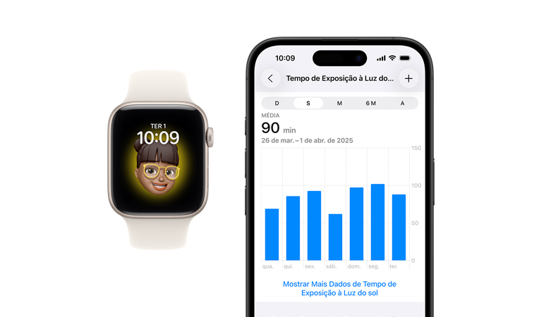 Apple Watch SE 3 com caixa estelar de alumínio, mostrador Memoji, iPhone, aba Compartilhamento de Dados de Saúde com o tempo de exposi??o à luz do sol.