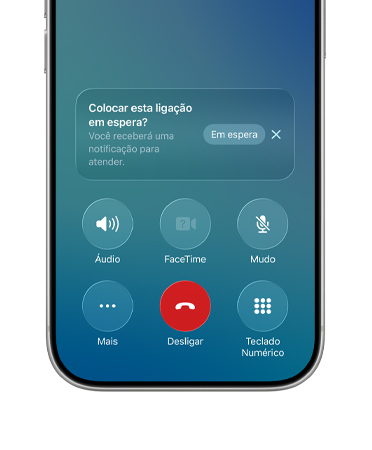 iPhone, a metade inferior da tela mostra uma chamada ativa com a nova op??o Assistência de Espera e uma notifica??o com o bot?o Em Espera.