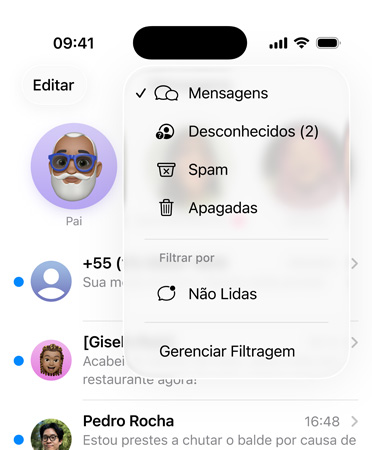 App Mensagens mostrando o novo recurso de ferramentas de filtragem que agora separa os números desconhecidos em uma se??o chamada Remetentes Desconhecidos