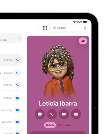 Canto direito da tela de um iPad mostrando um cart?o de contato no app Telefone aberto com op??es para mensagem, chamada e mais