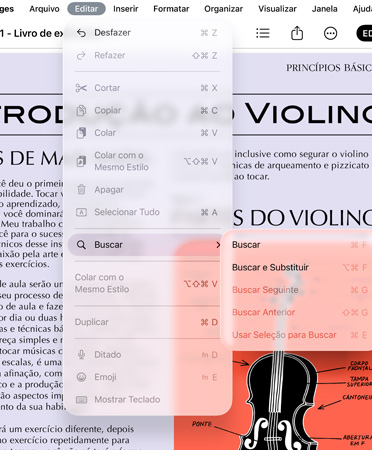 Close da barra de menus com as op??es para Desfazer, Refazer, Cortar, Copiar, Colar e muito mais