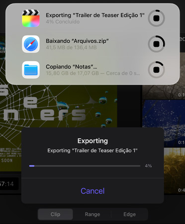 Uma lista de Atividades ao Vivo em andamento e em execu??o simultanea, incluindo a exporta??o de um trailer, o download de arquivos grandes e a transferência de “Notas” para “Backup”