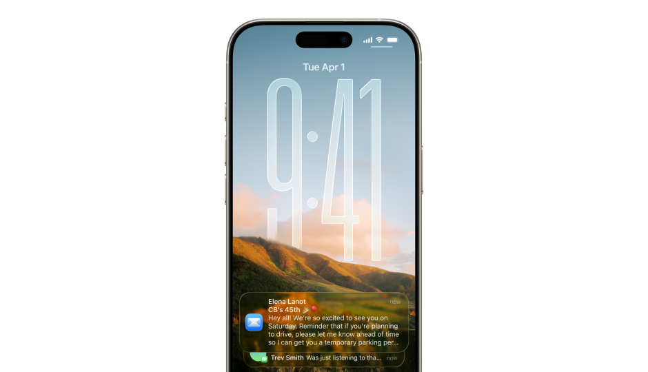Tela Bloqueada do iPhone com foto, números da hora em Liquid Glass, duas notifica??es aparecem na parte inferior da tela