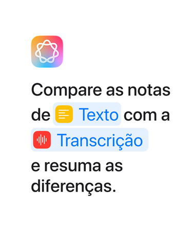 Exemplo no app Atalhos com a mensagem Compare as notas de Texto com a Transcri??o e confira as diferen?as, com as palavras 