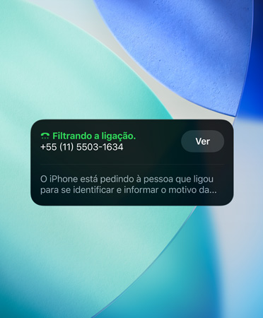 Widget de app do iPhone mostrando o recurso de filtragem em uma chamada recebida e uma nova imagem de fundo do sistema operacional.