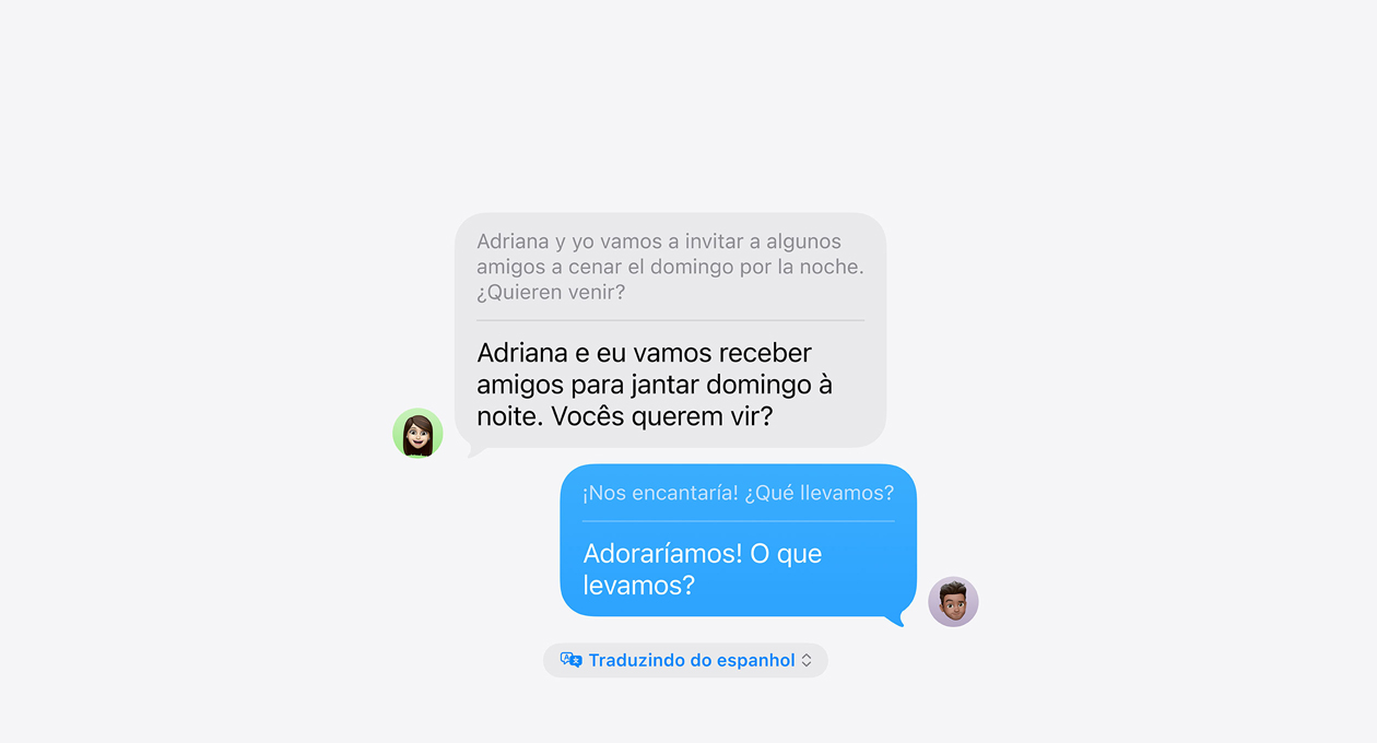 Tradu??o ao Vivo no Mensagens, mostrando um exemplo de tradu??o automática entre espanhol e inglês.
