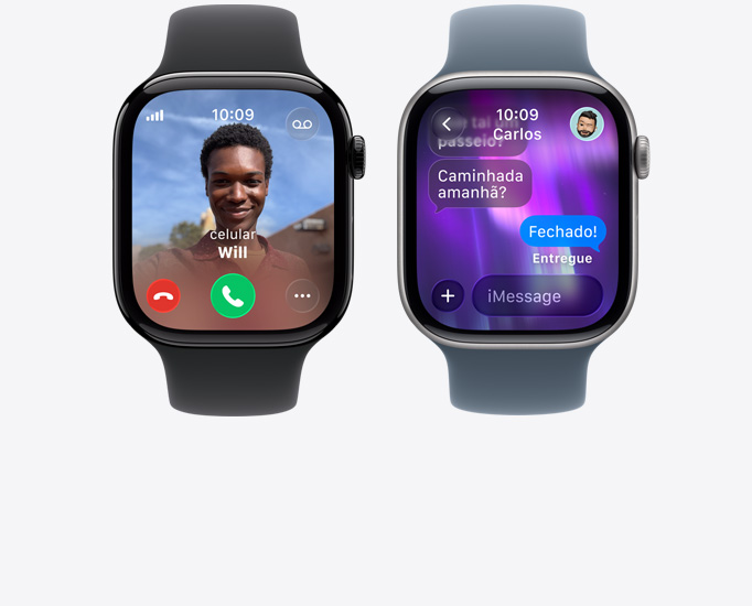 Cinco aparelhos Apple Watch Series 11, chamada recebida, foto de contato, bot?es para aceitar e recusar a chamada, conversa do iMessage