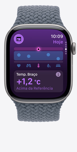 Apple Watch Series 11 com caixa de titanio ardósia, app Sinais Vitais, gráfico de pontua??o de saúde, notifica??o de temperatura do pulso acima da linha de base, lado direito, Digital Crown, pulseira loop solo tran?ada azul-ancora