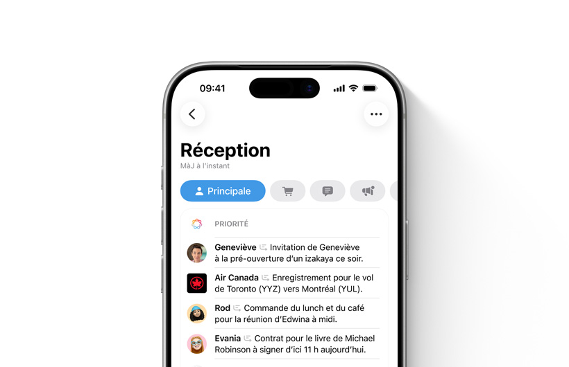 Bo?te de réception de Mail sur iPhone affichant en tête de liste les courriels importants