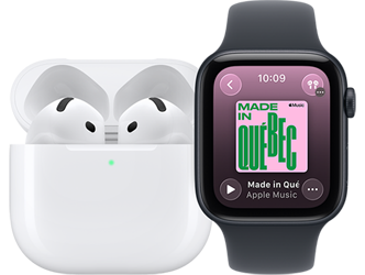 AirPods Pro 3, blancs, écouteurs, embouts de silicone, microphone, dans l’étui de recharge MagSafe, ouvert, coins arrondis, voyant lumineux de charge vert, Apple Watch SE 3, bo?tier en aluminium, minuit, app Musique, écran à l’écoute, bracelet sport minuit