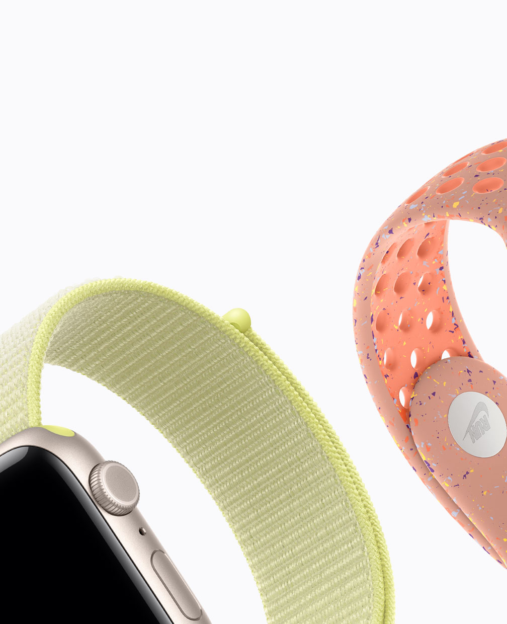Apple Watch SE 3, bo?tier en aluminium, comète, bracelet sport à rabat jaune fluo, bracelet sport Nike rose crépuscule