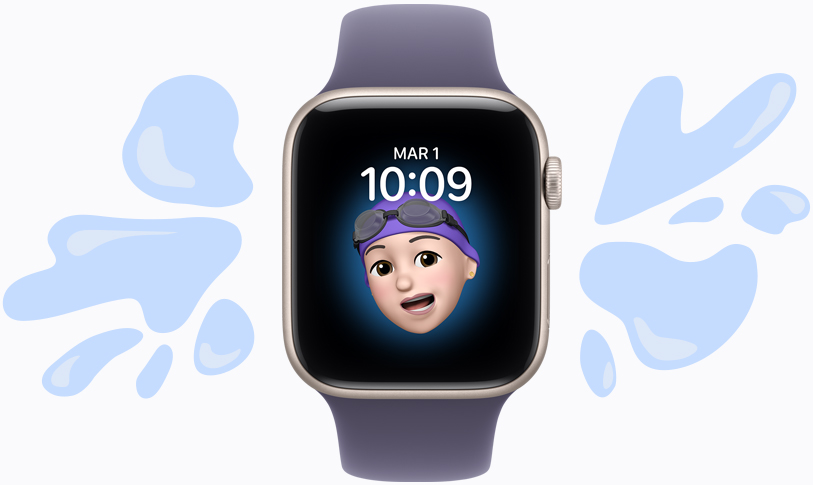 Apple Watch SE 3, bo?tier en aluminium, comète, cadran Memoji, illustrations d’éclaboussures d’eau qui n’atteignent pas l’appareil résistant à l’eau, bracelet sport brume violette