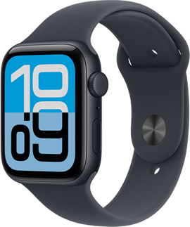 Apple Watch SE 3, bo?tier en aluminium, minuit, cadran Flux, c?té droit, Digital Crown, microphone, bouton latéral, bracelet sport minuit, fermoir à clou et passant argent
