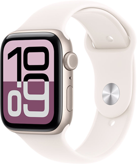Apple Watch SE 3, bo?tier en aluminium, comète, cadran Flux, c?té droit, Digital Crown, microphone, bouton latéral, bracelet sport comète, fermoir à clou et passant argent