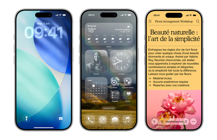 Appareils iPhone c?te à c?te montrant de nouveaux éléments de design dans iOS, comme l’écran verrouillé avec les chiffres de l’heure translucides en Liquid Glass et l’écran d’accueil avec des ic?nes d’apps transparentes en Liquid Glass