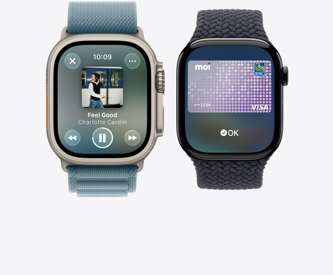 Apple Watch Ultra 3, bo?tier en titane, naturel, app Apple Music, écran à l’écoute, Apple Watch Series 11, bo?tier en aluminium, noir de jais poli, écran Apple Pay, carte de paiement