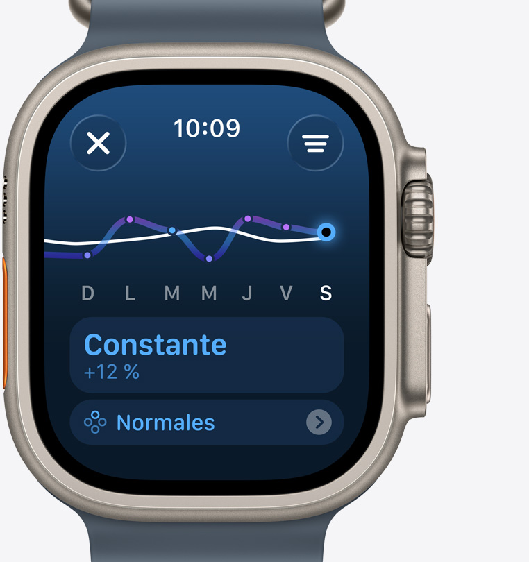 Apple Watch Ultra 3, bo?tier en titane, naturel, écran de charge d’entra?nement indiquant une augmentation constante de l’effort