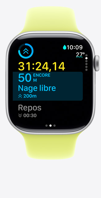 Apple Watch Series 11, bo?tier en aluminium, argent, écran affichant l’entra?nement personnalisé pour la nage en piscine, données à l’écran, bracelet sport, jaune fluo