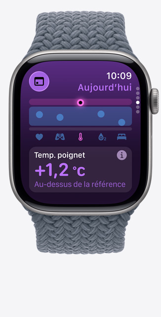 Apple Watch Series 11, bo?tier en titane, ardoise, app Signes vitaux, tableau des données de santé, notification de température du poignet au-delà de la normale, c?té droit, Digital Crown, bracelet solo tressé bleu nautique