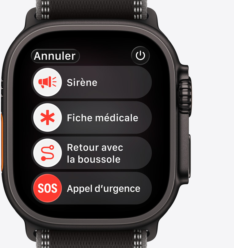 Apple Watch Ultra 3, bo?tier en titane, noir, options d’assistance immédiate à l’écran : fiche médicale, retour avec la boussole, appel d’urgence