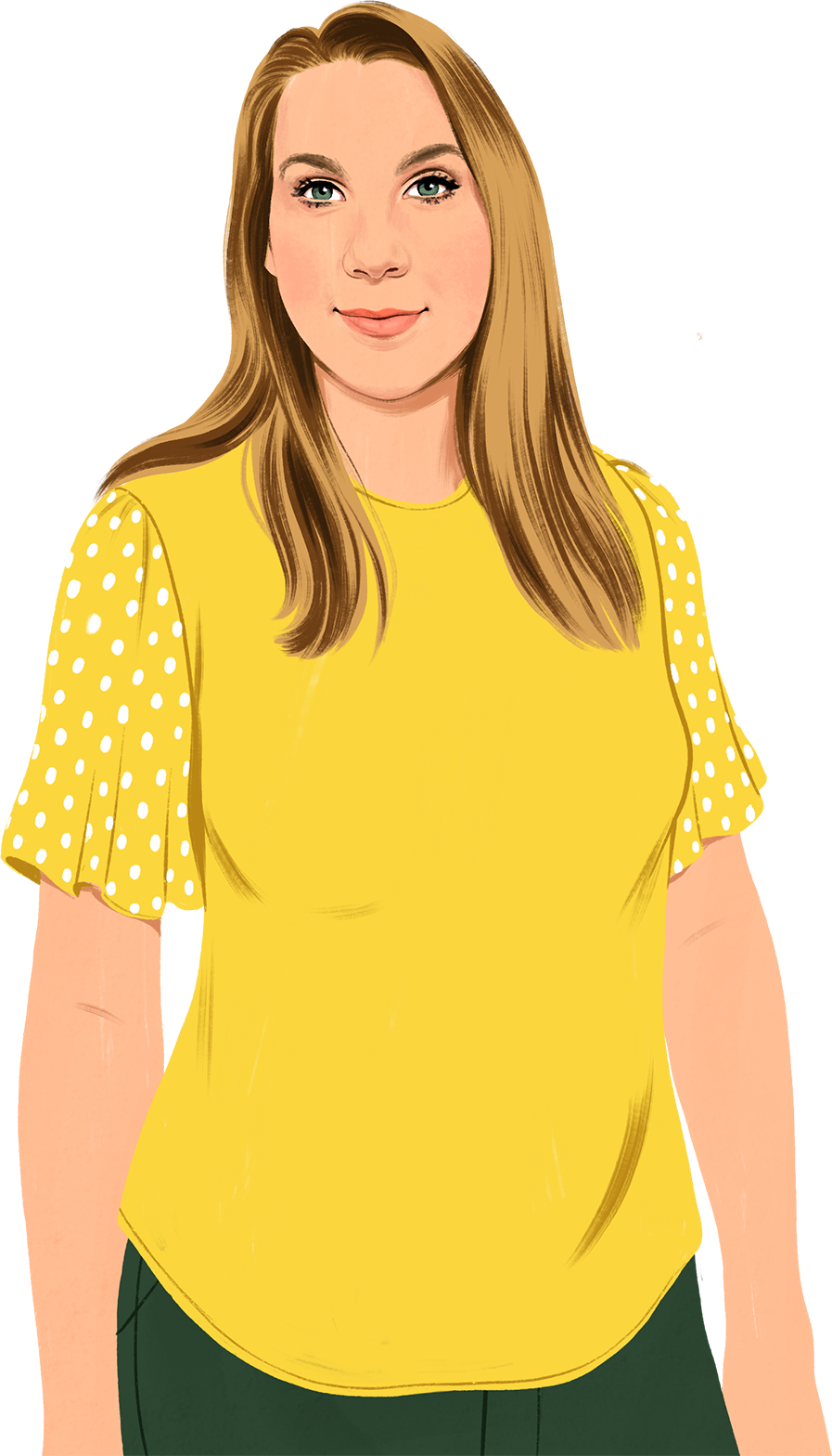 Illustratie van een glimlachende Jennifer die de lezer aankijkt. Er verschijnen ge?llustreerde groene bladeren in beeld.