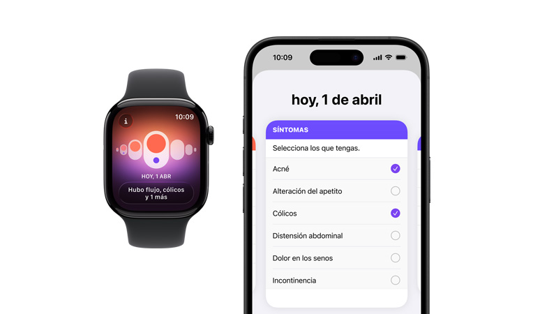 Apple Watch Series 11, caja de titanio, color oro, app Control del Ciclo, selector de síntomas diarios abierto en el iPhone enlazado