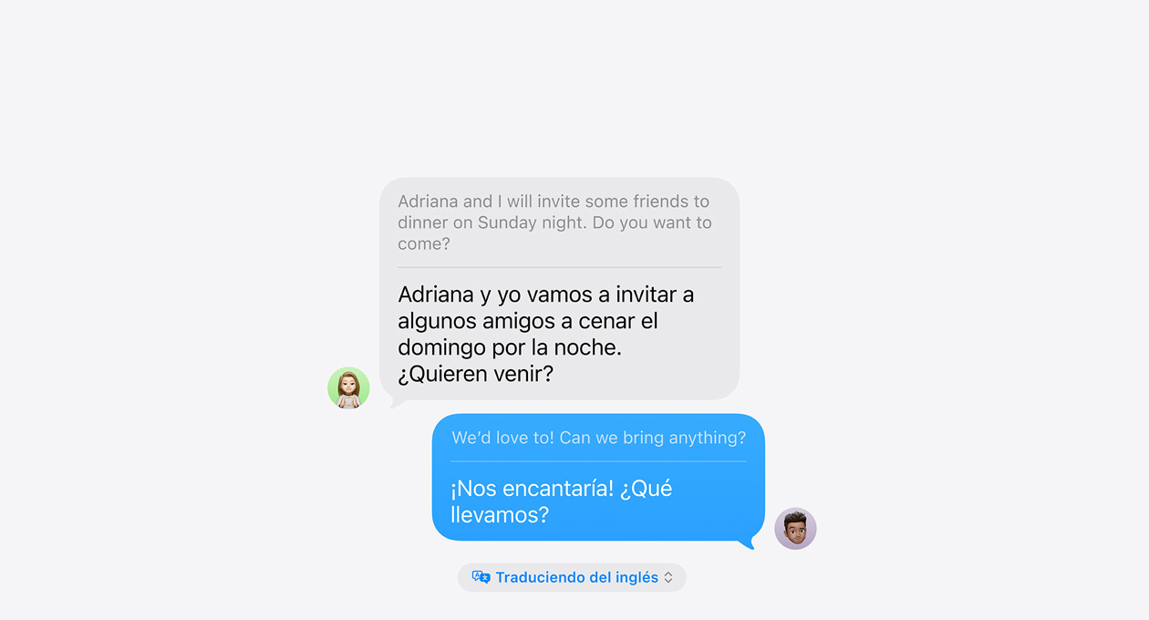 Traducción en Vivo en Mensajes, con el mensaje “Adriana y yo vamos a invitar a algunos amigos a cenar el domingo por la noche. ?Os animáis a venir?” traducido automáticamente del inglés.
