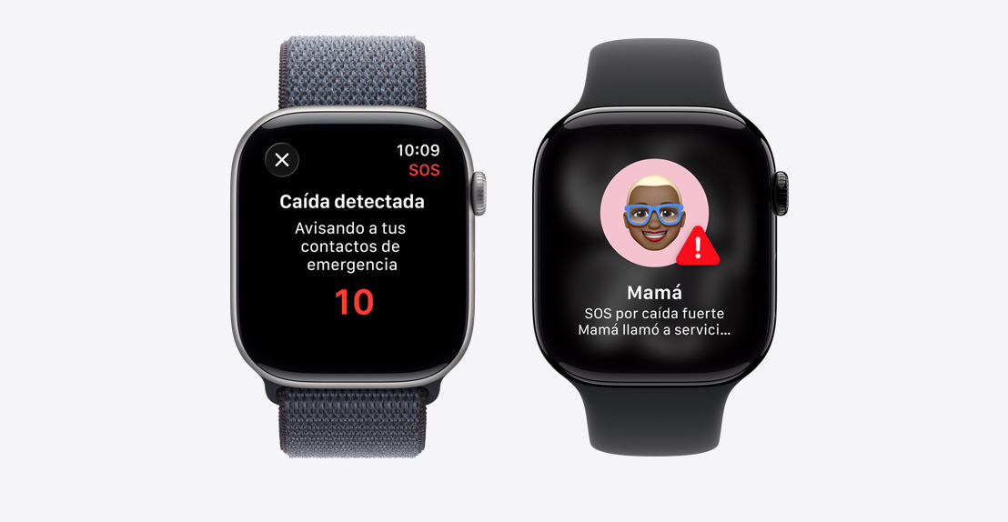 Apple Watch Series 11, notificación de Detección de Choques, botón de Llamada SOS, una segunda notificación dice: Mamá SOS por caída fuerte, mamá llamó a servicios de emergencia