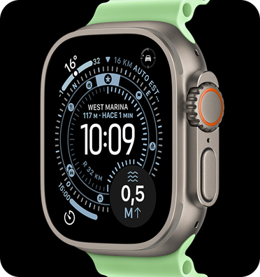 Un Apple Watch Ultra 3 con caja de titanio color plata y correa Ocean verde.