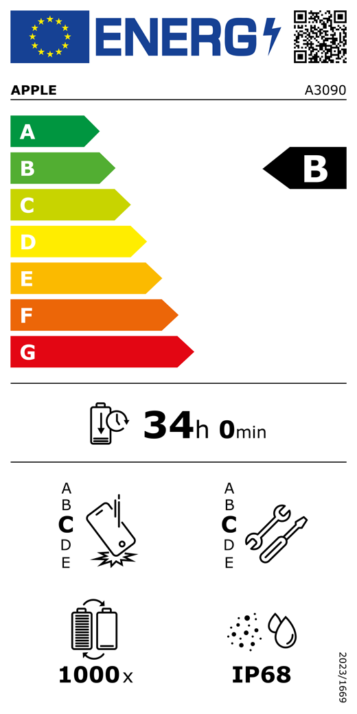 QR kód a informace na energetickém ?títku EU, model Apple A3090, t?ída B, t?ídy energetické ú?innosti (se stupnicí od A do G), A (nejvy??í ú?innost) a? G (nejni??í ú?innost), vydr? baterie na jeden cyklus, 34 hodin a 0 minut na plné nabití baterie, t?ída spolehlivosti p?i opakovaném volném pádu C, A (nejvy??í odolnost) a? E (nejni??í odolnost), t?ída opravitelnosti C, A (nejlep?í opravitelnost) a? E (nejhor?í opravitelnost), ?ivotnost baterie 1000 cykl?, stupeň ochrany proti vniknutí prachu a vody (IP) IP68, na?ízení 2023/1669