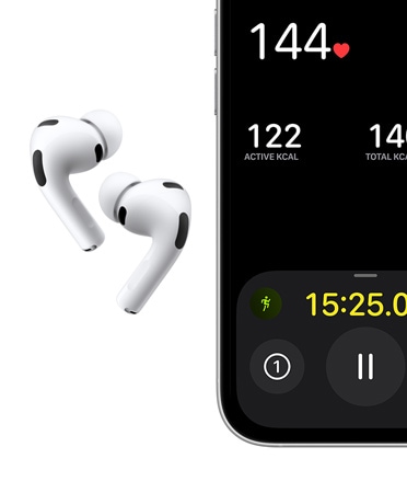 AirPods?Pro?3, bílá barva, sluchátka se?silikonovymi ?punty, mikrofon, iPhone, na?displeji cvi?ení Běh venku