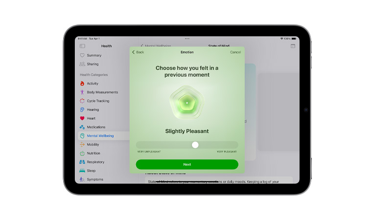 Pohled zep?edu na iPad mini v orientaci na ?í?ku, zobrazuje se aplikace Zdraví a posuvník nastavující aktuální stav mysli