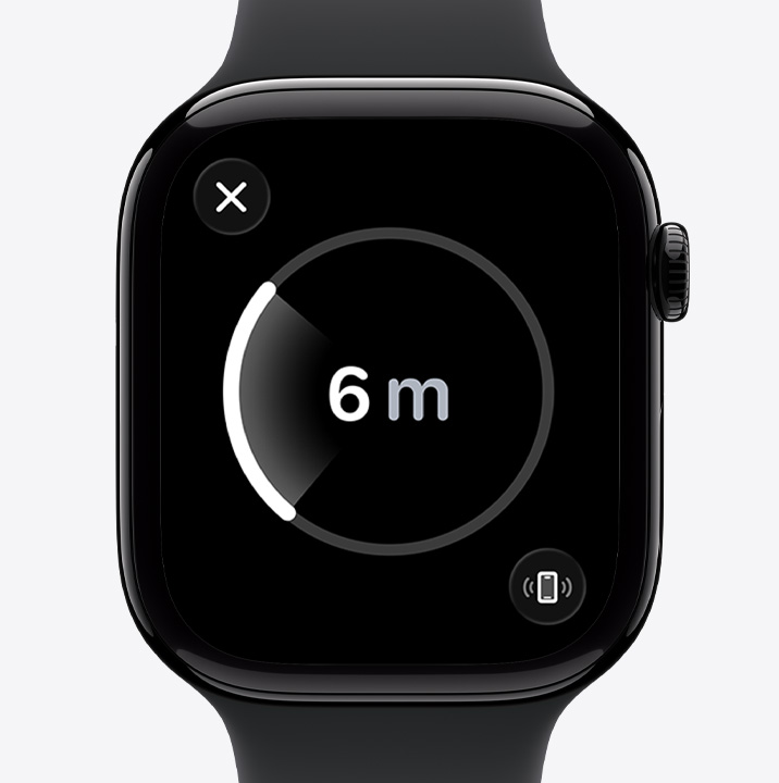 Apple Watch Series 11, hliníkové pouzdro z le?těného klavírně ?erného hliníku, obrazovka P?esného hledání, odhadovaná vzdálenost ke ztracenému telefonu