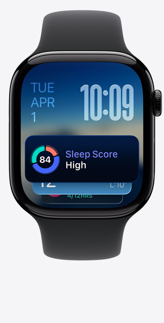 Apple Watch Series 11, pouzdro z le?těného klavírně ?erného hliníku, Chytrá sada, oznámení o spánkovém skóre, na pravém boku korunka Digital Crown, ?erny sportovní ?emínek