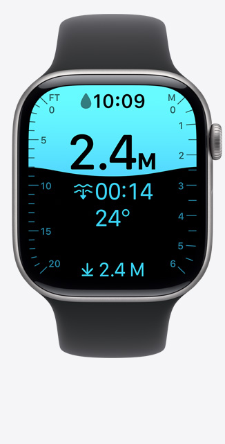 Apple Watch Series 11, hliníkové pouzdro, r??ově zlatá barva, obrazovka aplikace Hloubka, ponor do hloubky dvou a p?l metru