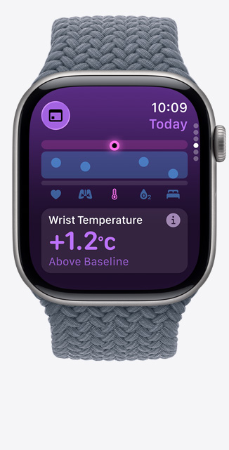 Apple Watch Series 11, titanové pouzdro, b?idlicově ?edá barva, aplikace ?ivotní funkce, graf se zdravotními hodnotami, oznámení o teplotě zápěstí nad bě?nou hodnotou, na pravém boku korunka Digital Crown, ocelově modry pleteny navlékací ?emínek
