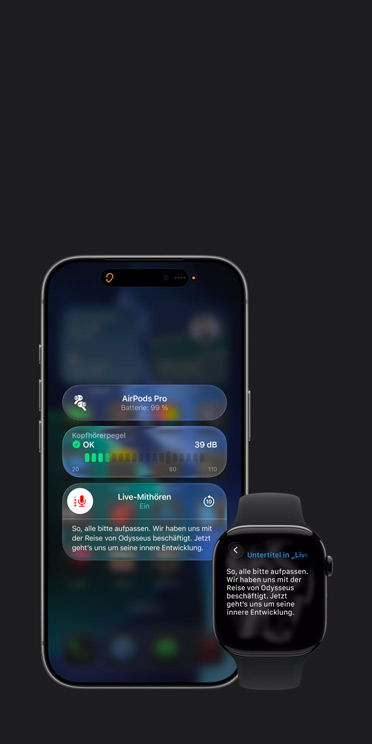 iPhone 17 Pro Display mit aktiver Live Mith?ren Session mit Untertiteln für das aufgezeichnete Audio und Apple Watch Series 11 Display mit Live Untertiteln für dasselbe aufgezeichnete Audio