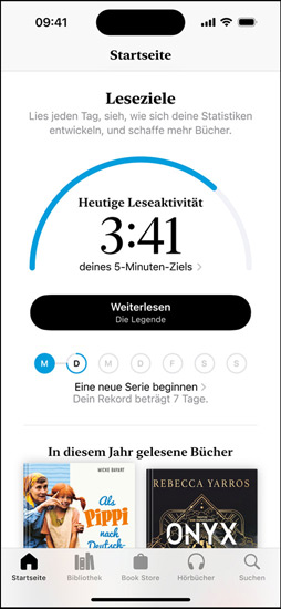 iPhone Bildschirm mit der Oberfl?che ?Leseziele“ in der Books App. Oben befindet sich ein Fortschrittsring. Unterhalb des Fortschrittsrings befindet sich der Tracker für den w?chentlichen Leseerfolg. Unten im Bereich ?In diesem Jahr gelesene Bücher“ ist eine Reihe von zwei Büchern mit einem leeren Platz für ein drittes zu sehen