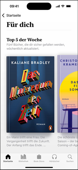 iPhone Bildschirm, der den Bereich ?Für dich in der Books App zeigt. Die w?chentliche Top 5 Liste wird angezeigt