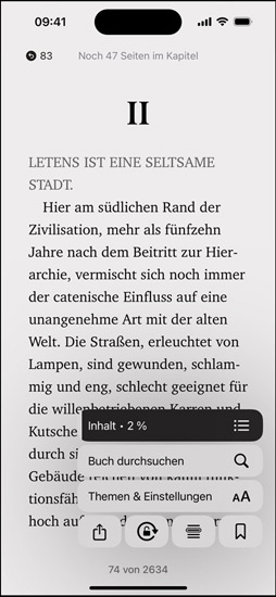 iPhone Bildschirm, der eine Buchseite in der Books App zeigt. Darüber werden Optionen zum Vergr??ern von Text, zum Durchsuchen des Buchs sowie Themen und Einstellungen auf dem Bildschirm eingeblendet