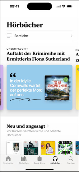 iPhone Bildschirm mit dem Bereich mit weiteren schwarzen Autoren in der Books App, der eine Einführung in Ver?ffentlichungen von schwarzen Autoren enth?lt. Darunter ist der Bereich mit neuen und demn?chst erh?ltlichen Ver?ffentlichungen mit zwei H?rbüchern zu sehen
