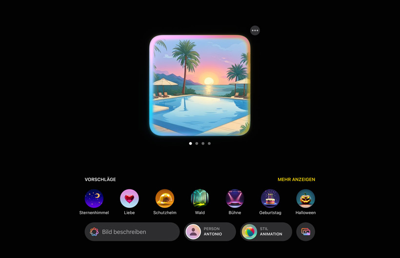 Die Benutzeroberfl?che von Image Playground zeigt einen Pool in einer tropischen Landschaft mit einem Sonnenuntergang im Hintergrund und Vorschl?gen für weitere Elemente, die dem Bild hinzugefügt werden k?nnen.
